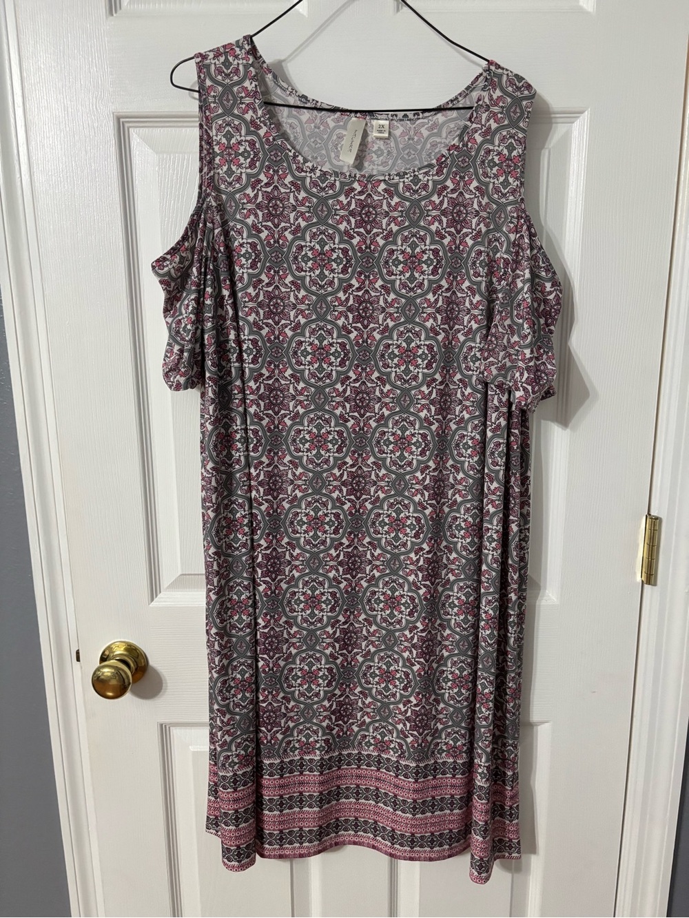 Tacera Pink and Gray Cold-Shoulder Printed Dress